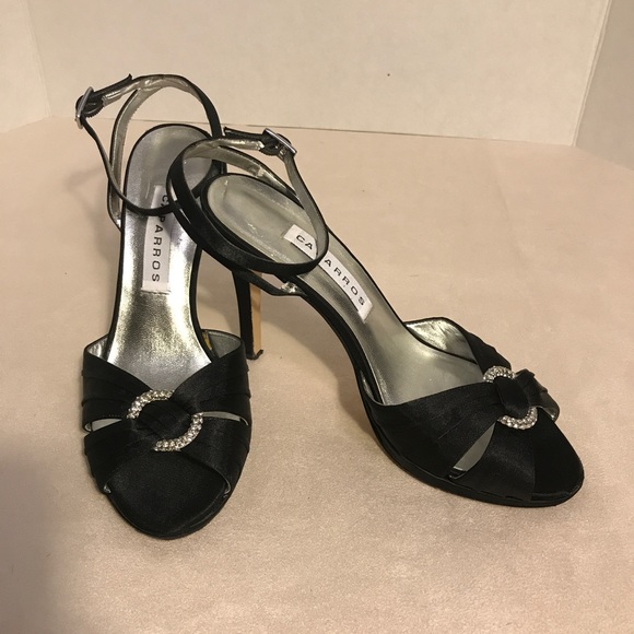 black and silver open toe heels